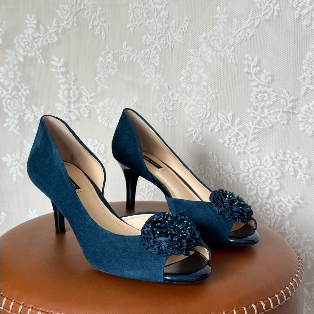 Vintage Blue Peep-Toe Kitten Heels with Beaded Embellishments
